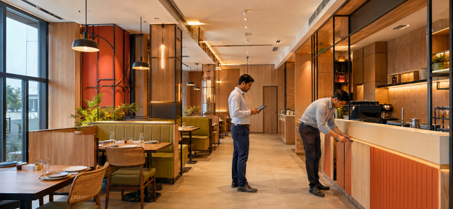 Completed restaurant fit-out with wood panelling and durable countertop finishes, staff reviewing the finished space